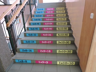 Samoprzylepne naklejki na schodach z tabkiczką mnożenia 