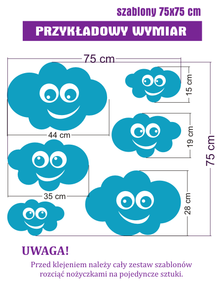szablony ścienne chmurki o wymiarze 44 cm i 34 cm dla dziecka