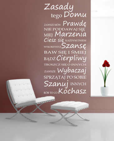 Naklejki ścienne tekst i napisy do salonu z zasadami domu 