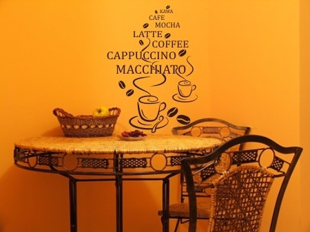 Welurowe naklejki na ścianie z napisami kawa i latte z kubkami kawy 