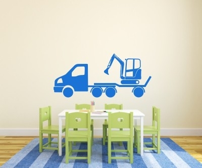 Naklejka na ścianę do pokoju chłopięcego koparka na lawecie i ciężarówka