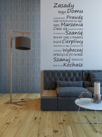 Matowa naklejka na ścianę z napisami zasady tego domu do pokoju