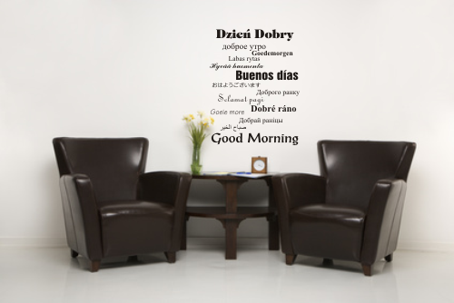 Naklejki ścienne z tekstem Dzień dobry, buenos dias, good morning na korytarz