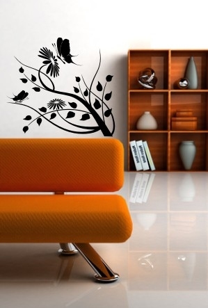 Welurowa naklejka na ścianę czarny kwiat z motylkami
