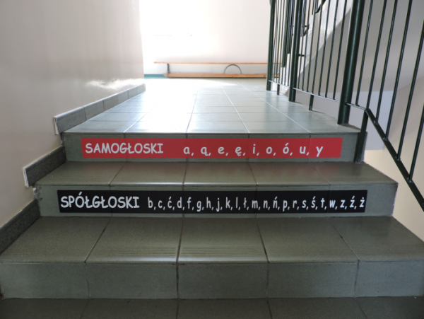 Naklejki na podstopnice schodów język polski, samogłoski i spółgłoski. 