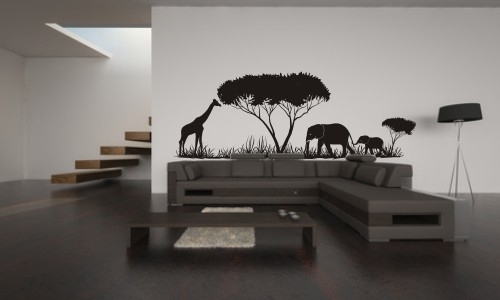 Welurowa naklejka na ścianę do pokoju drzewa i słonie na sawannie