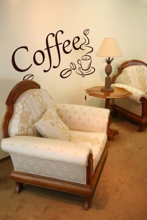 Welurowe naklejki na ścianę z napisem coffee i ziarnkami kawy z weluru