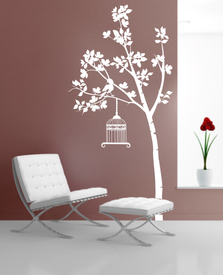 Naklejka na ścianę do pokoju młodzieżowego i salonu drzewo z ptaszkiem i klatka