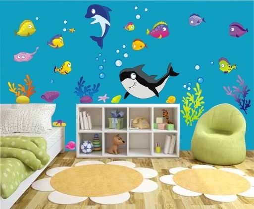 Naklejki do pokoju dziecka na ścianę podwodny świat z rybkami i delfinek i orka