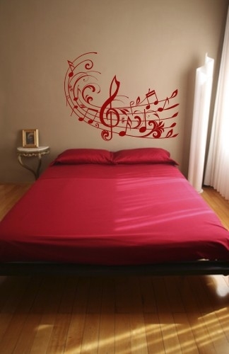 Welurowa naklejka na ścianę do sypialni klucz wiolinowy z nutami