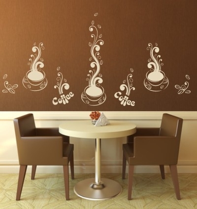 Naklejki z białej welurowej folii na ścianę do kuchni i jadalni z filiżankami kawy i napisami