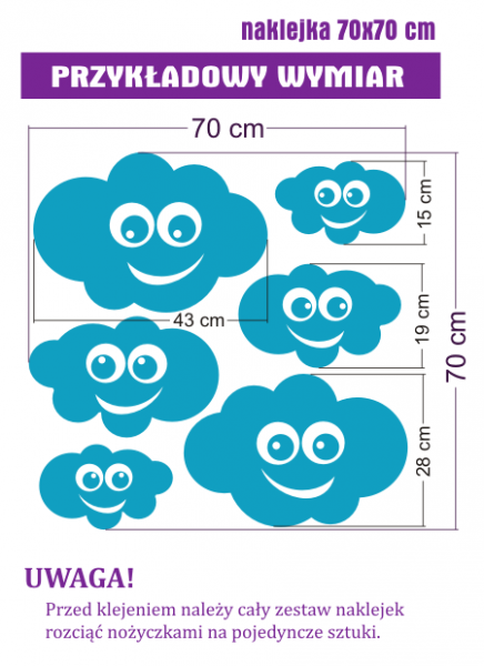 matowe naklejki na ścianę z chmurkami o wymiarze 70x70 cm, naklejka chmurka dla dzieci, naklejki chmurki do pokoju dziecięcego