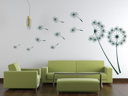 Welurowe zielone naklejki z dmuchawcami i lotkami na ścianę do pokoju